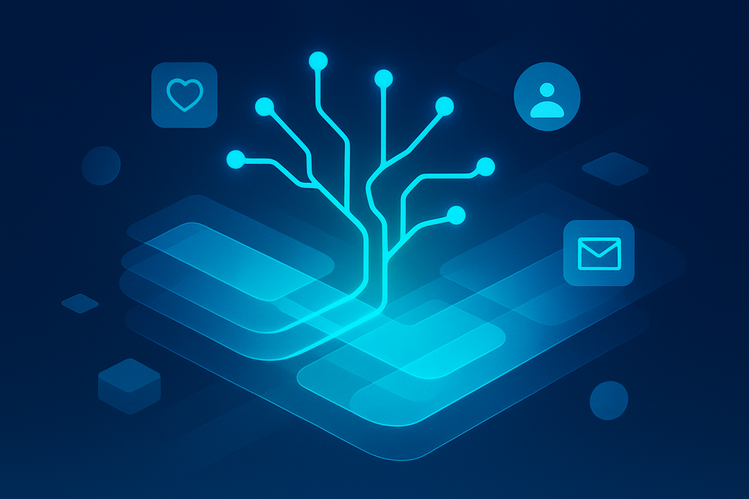 Futuristic digital ecosystem with glowing neural networks, data streams, and geometric connection shapes.