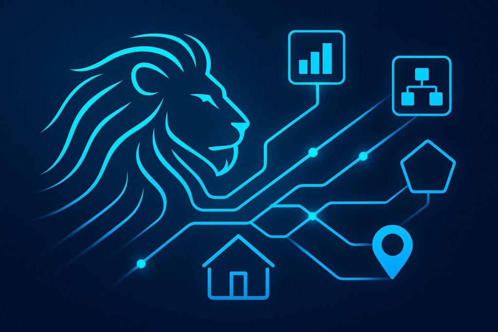 Futuristic digital ecosystem with lion’s mane merging into geometric network pathways and glowing connections.