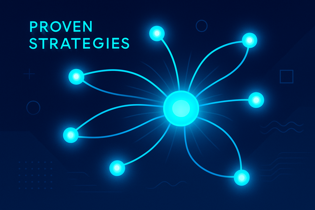 Futuristic digital illustration with interconnected glowing nodes converging into a pulsating core.