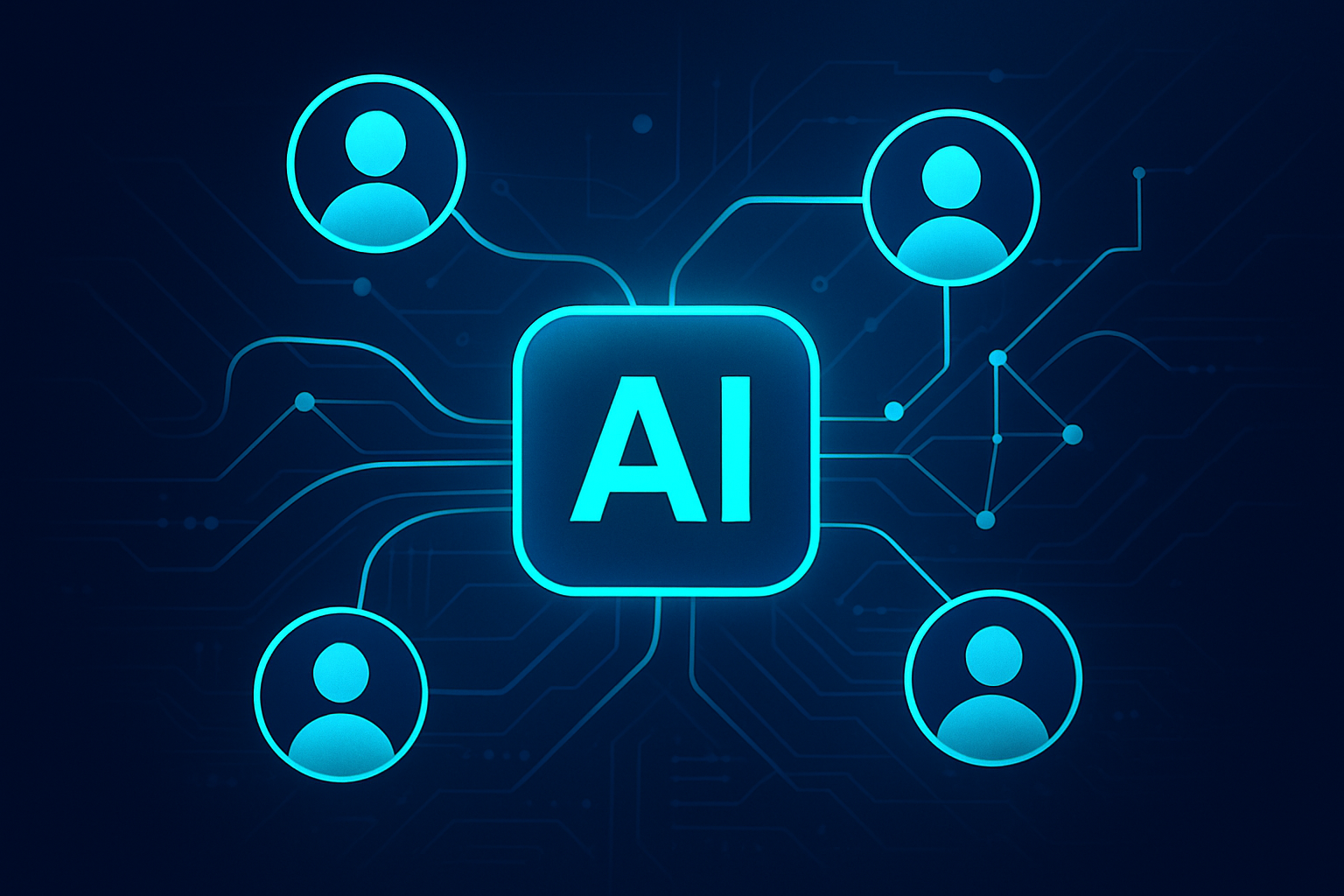 Futuristic digital network with abstract agents, circuit patterns, and neon cyan glow.