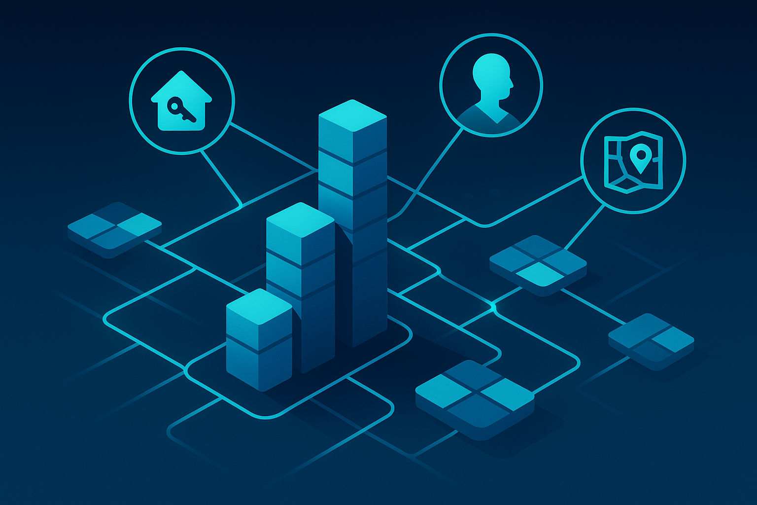 Futuristic digital network with geometric data clusters, icons, and neon glow effects.