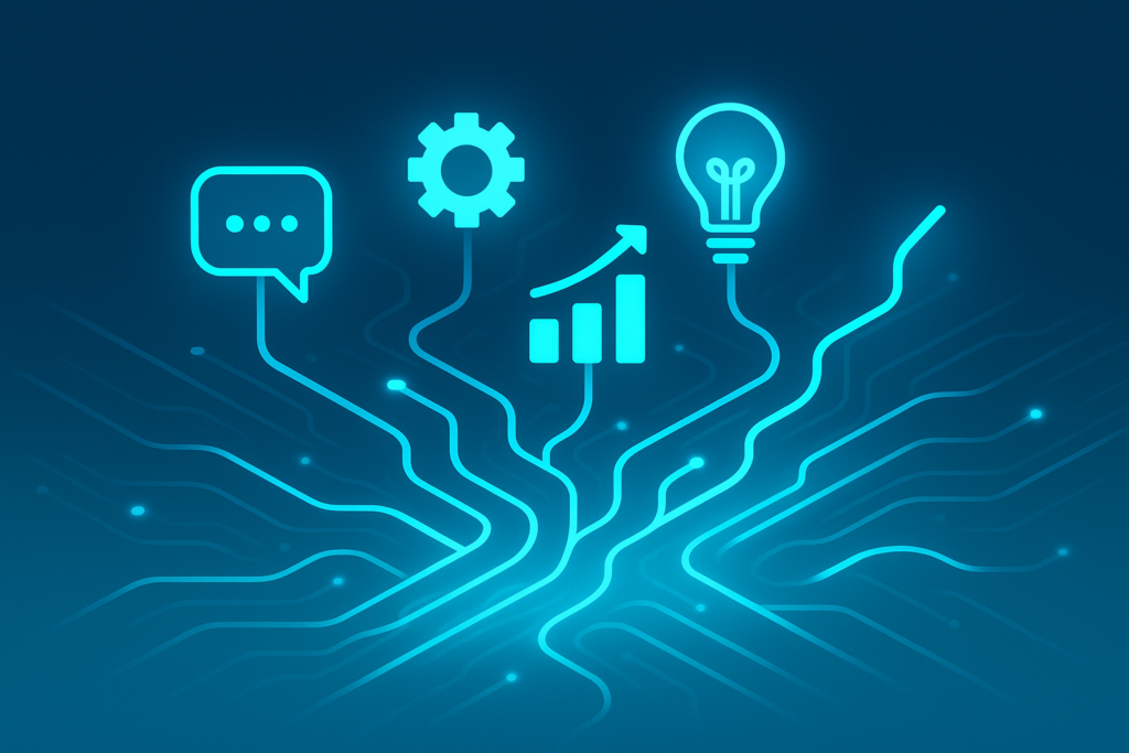 Futuristic digital network with glowing circuits, data streams, and icons for communication and growth.