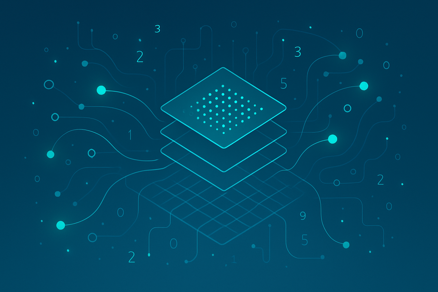 Futuristic digital network with glowing data streams, interconnected nodes, and geometric shapes.