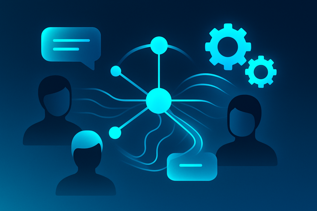 Futuristic digital network with human silhouettes, chat bubbles, gears, and glowing data streams.