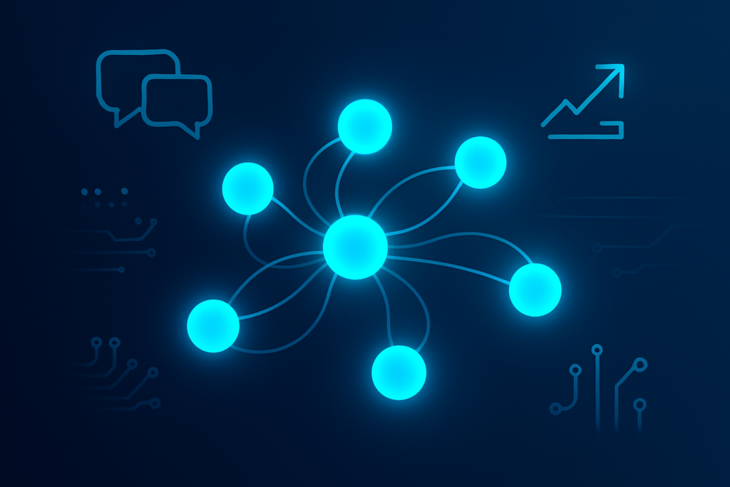 Futuristic digital network with interconnected glowing nodes, holographic icons, and data streams.