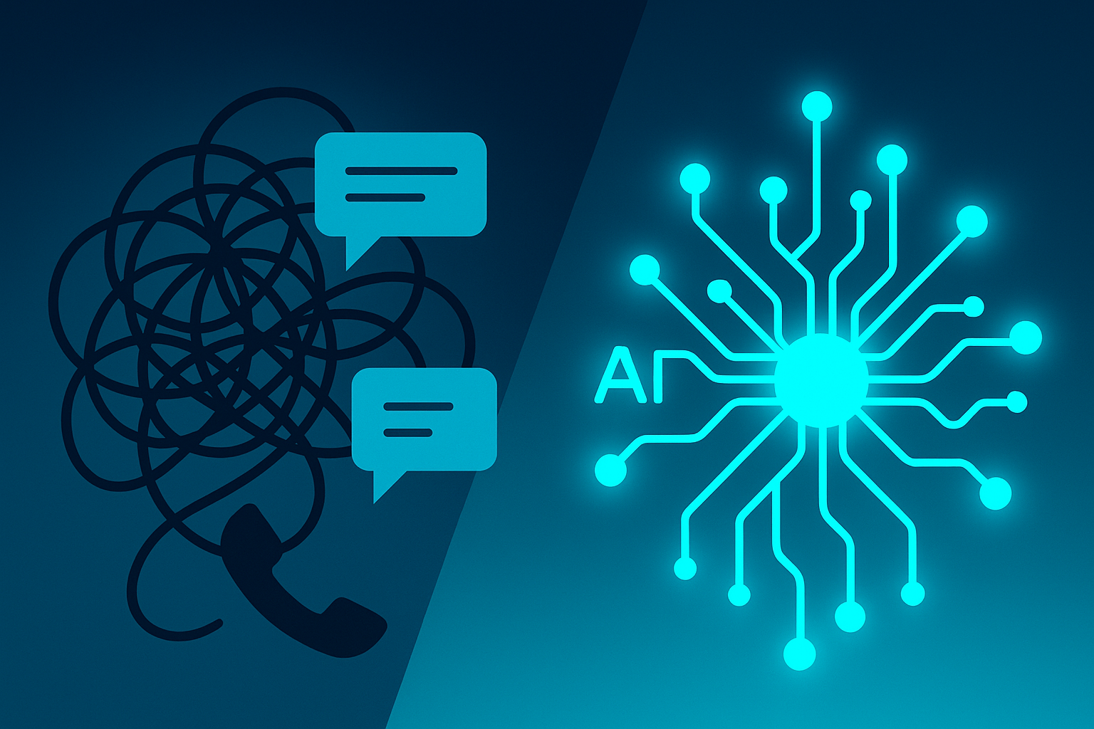 Futuristic digital scene contrasting chaotic speech bubbles with smooth AI neural circuits.