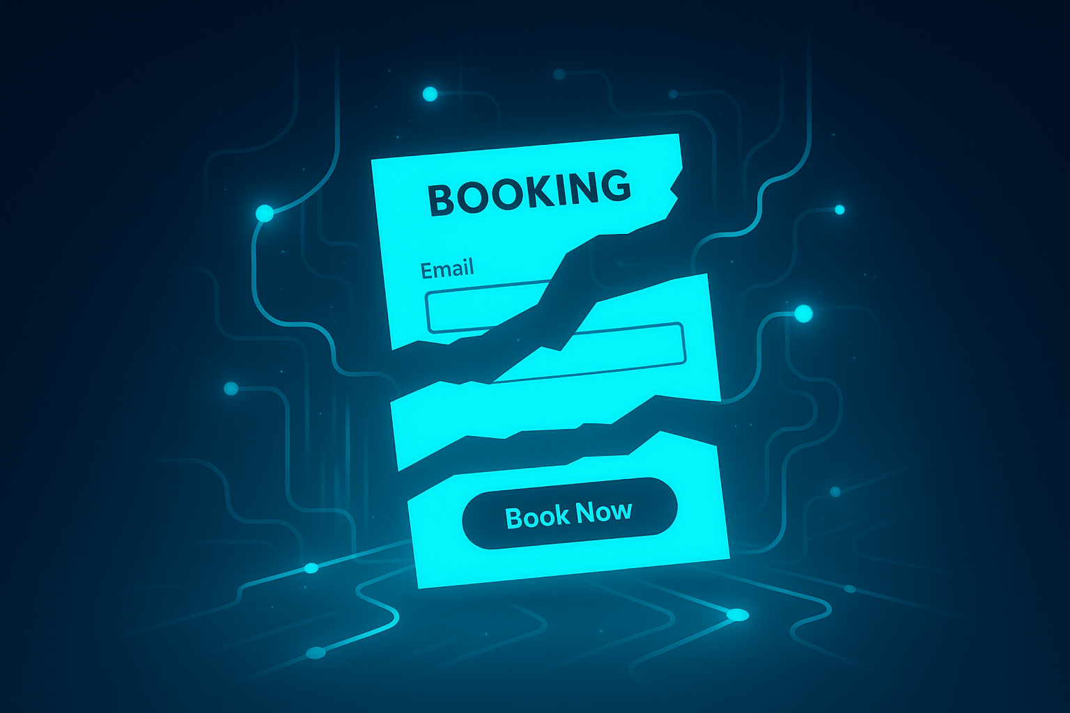 Futuristic digital scene with floating booking forms, data streams, and glowing nodes in blue neon glow.