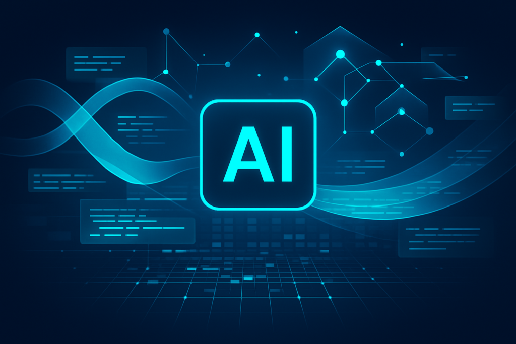 Futuristic digital scene with glowing data streams, geometric nodes, and holographic text.