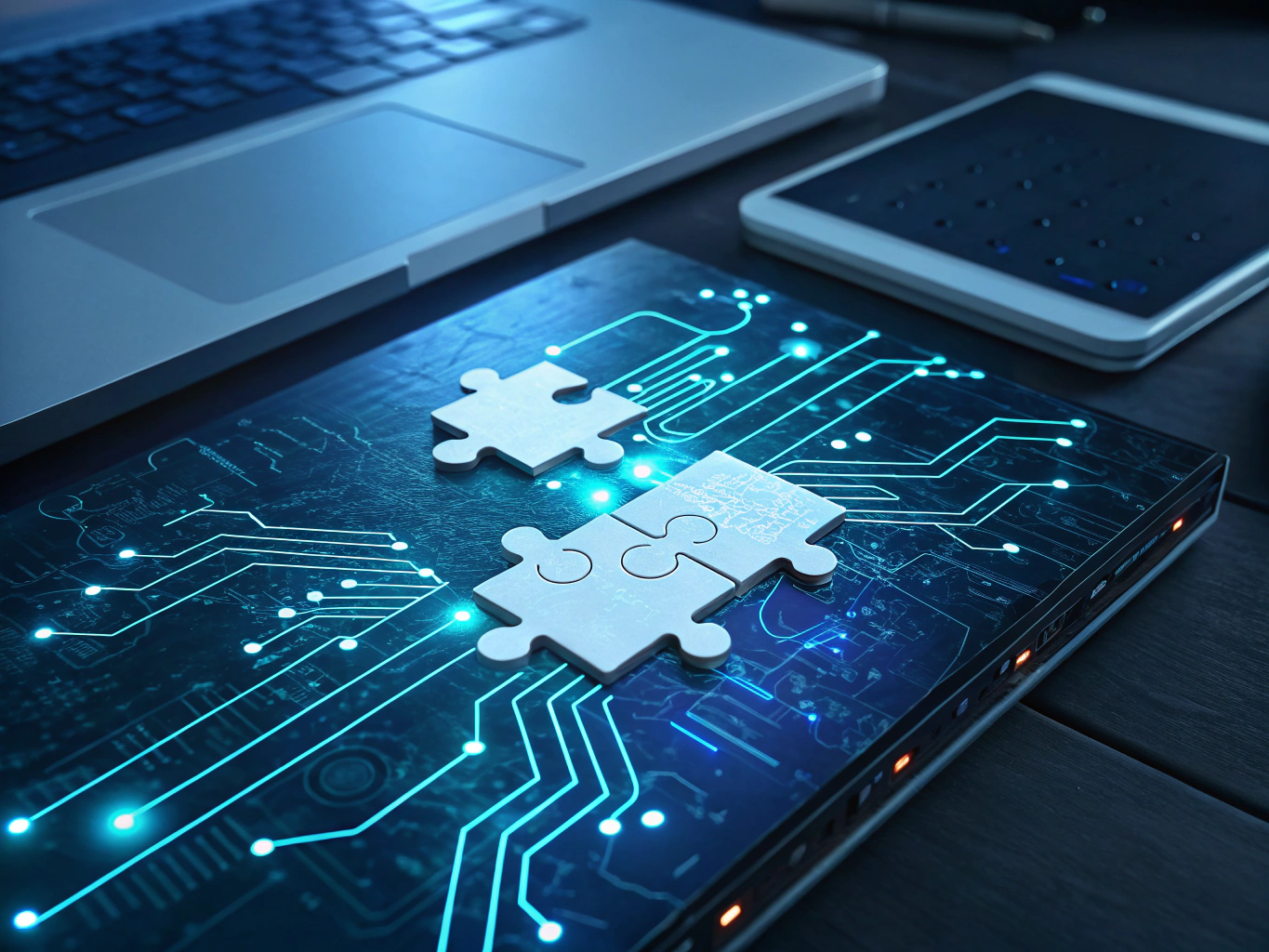Futuristic digital workspace with glowing circuits, modular puzzle pieces, and neural network pathways.