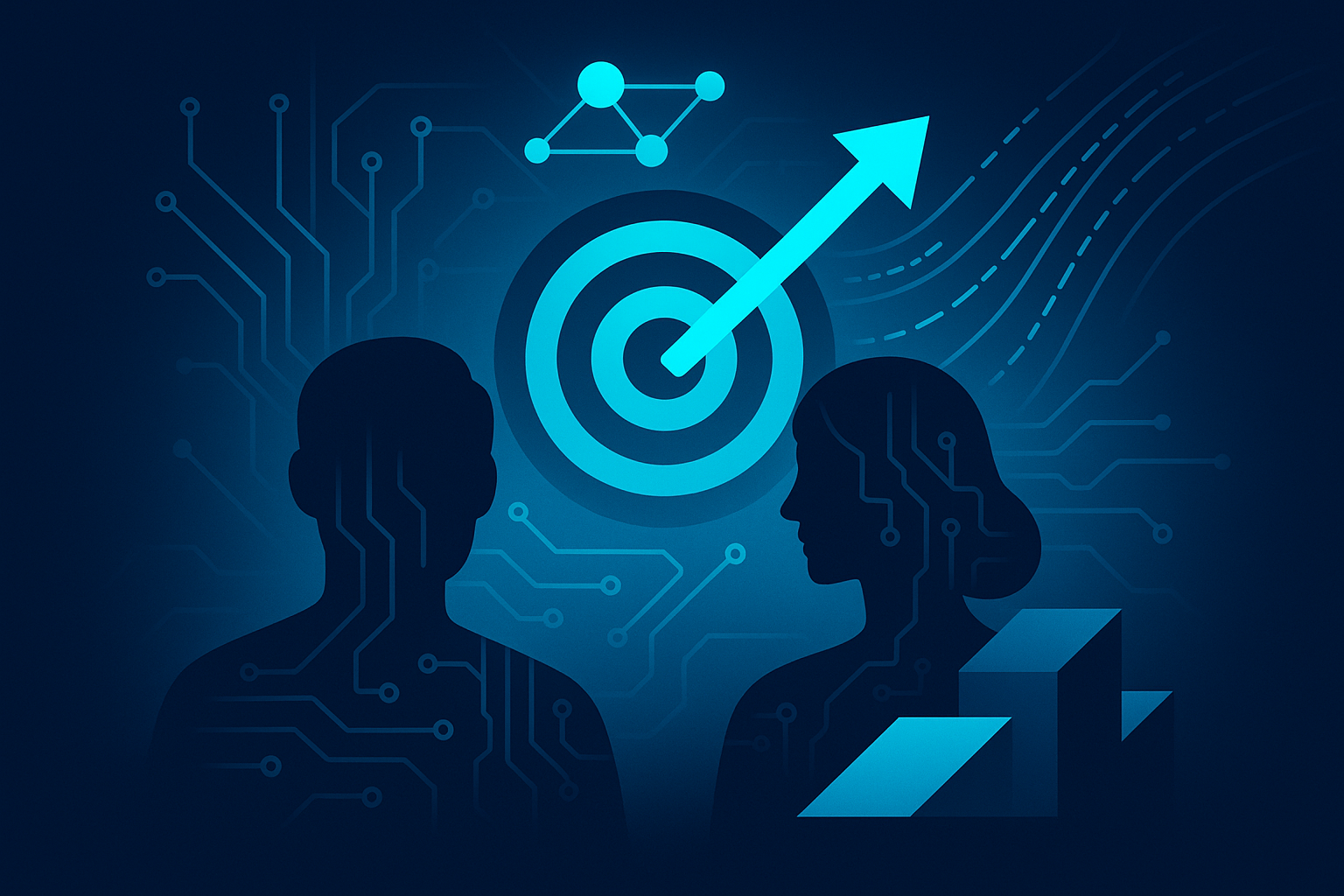 Futuristic flat illustration of interconnected nodes, data streams, and human silhouettes on dark blue background.