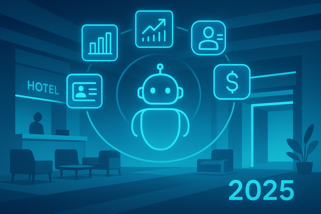 Futuristic hotel lobby with neon cyan highlights, holographic icons, and a stylized bot silhouette.