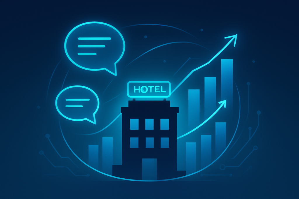 Futuristic hotel with glowing chat bubbles, bar graphs, and circuit patterns in neon blue.