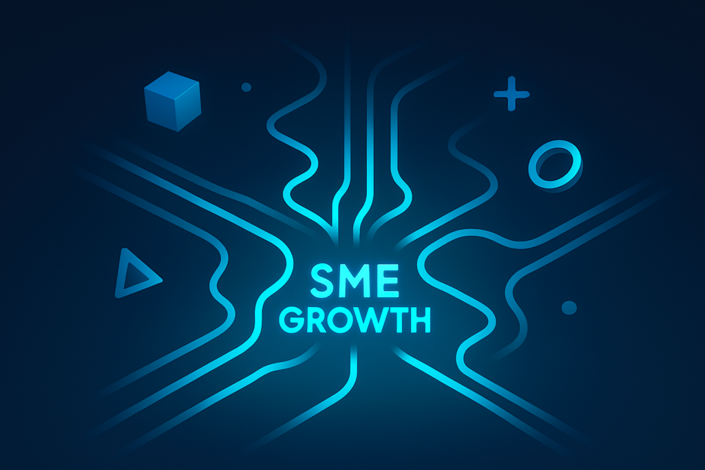 Futuristic illustration of glowing circuit pathways converging on a central SME growth core.