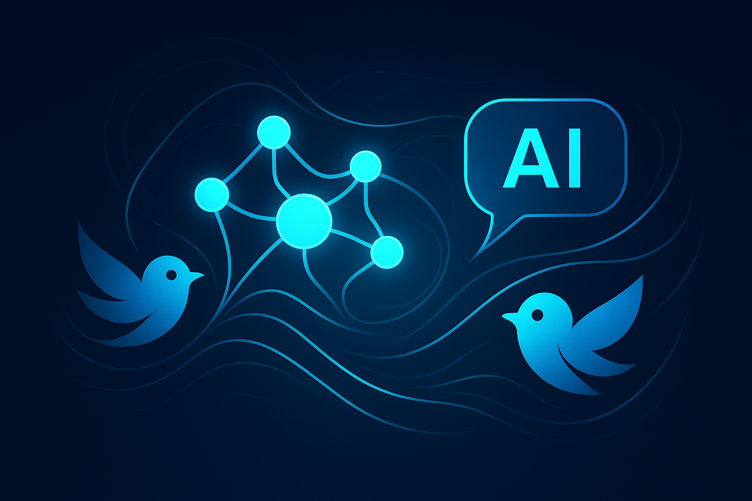 Futuristic illustration of neural nodes, digital threads, and bird-like shapes in neon-lit tech scene.