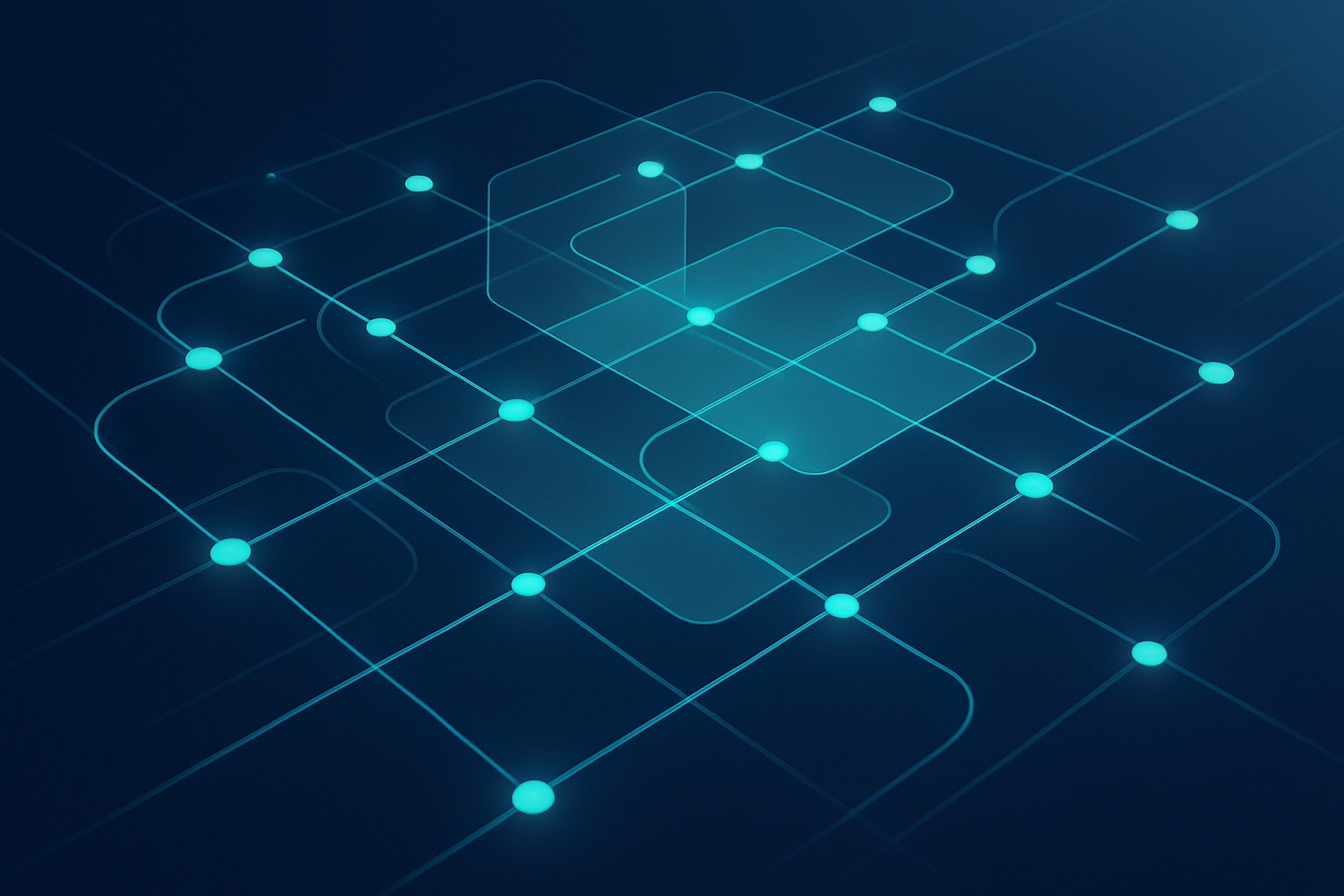 Futuristic network of glowing nodes and overlapping panels illustrating complex B2B buying journeys.