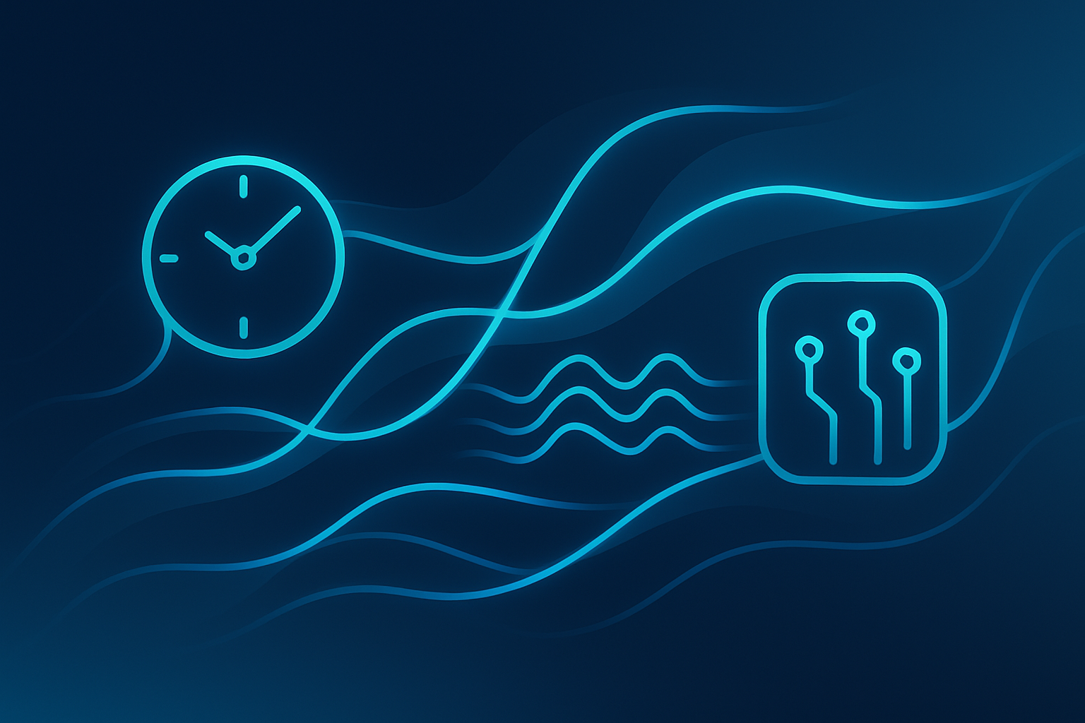 Futuristic network with glowing cyan threads, clock faces, data waves, and circuit patterns.