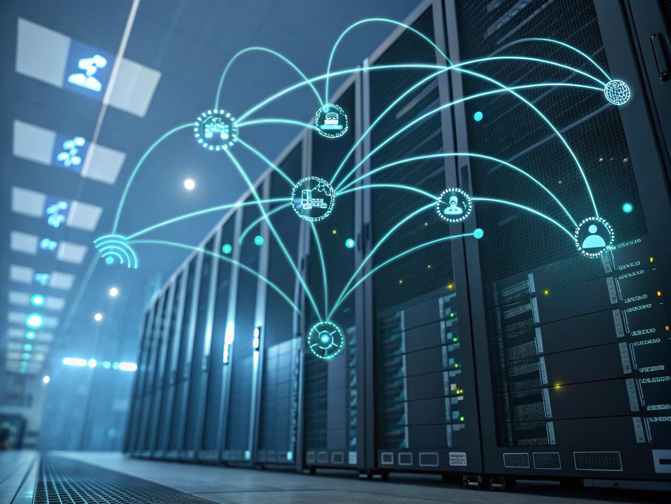 Futuristic network with glowing nodes, data streams, geometric shapes, and digital communication signals.