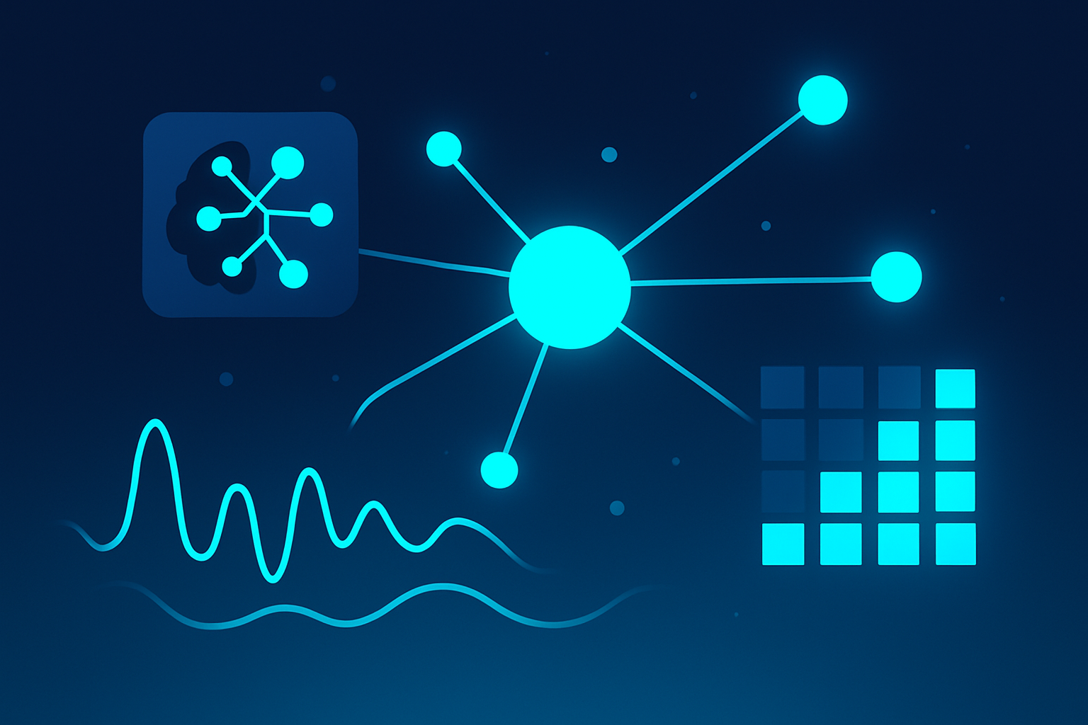 Futuristic network with glowing nodes, data streams, waveforms, and luminous grids in dark blue tones.