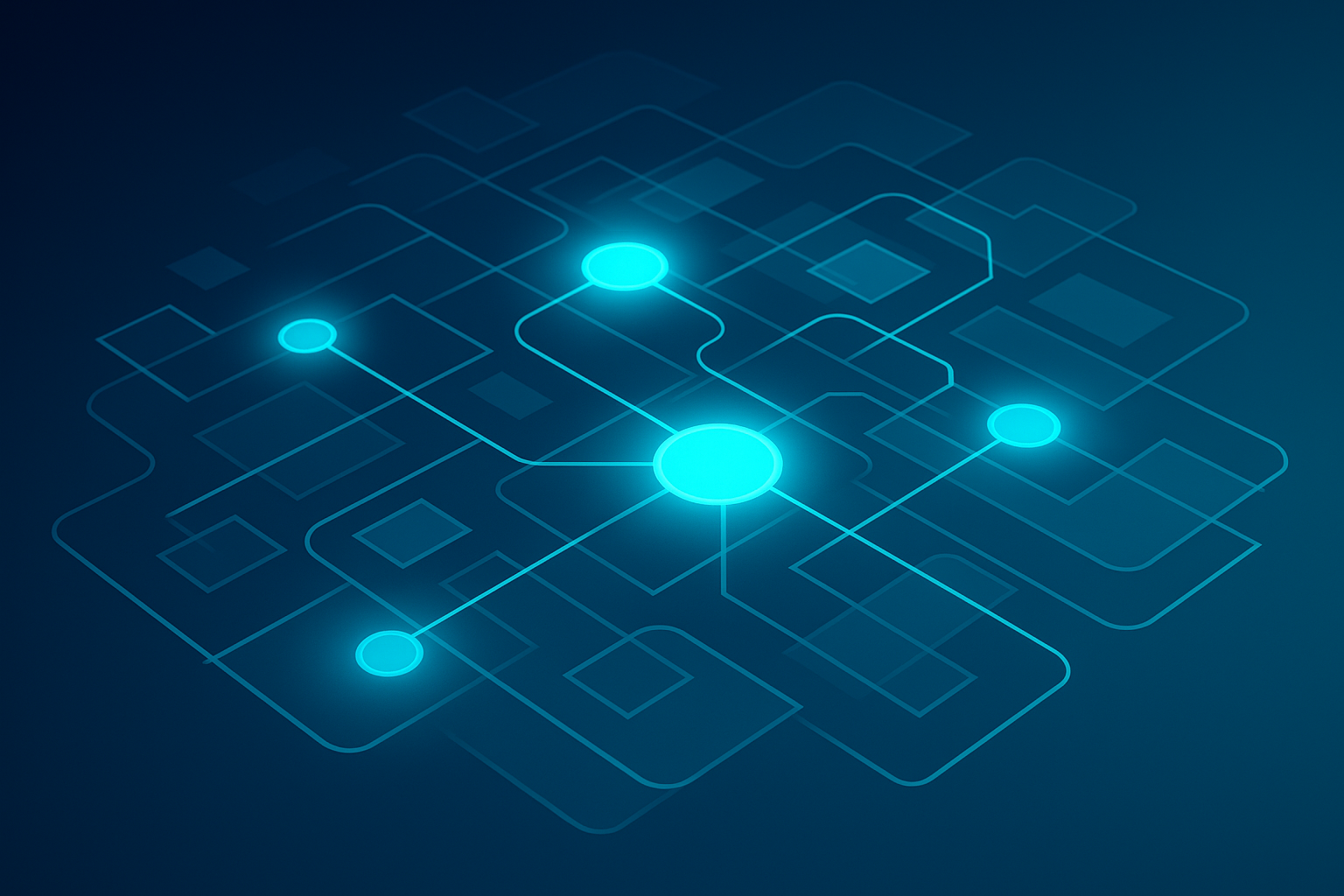 Futuristic tech map with glowing interconnected nodes and layered geometric shapes in blue tones.