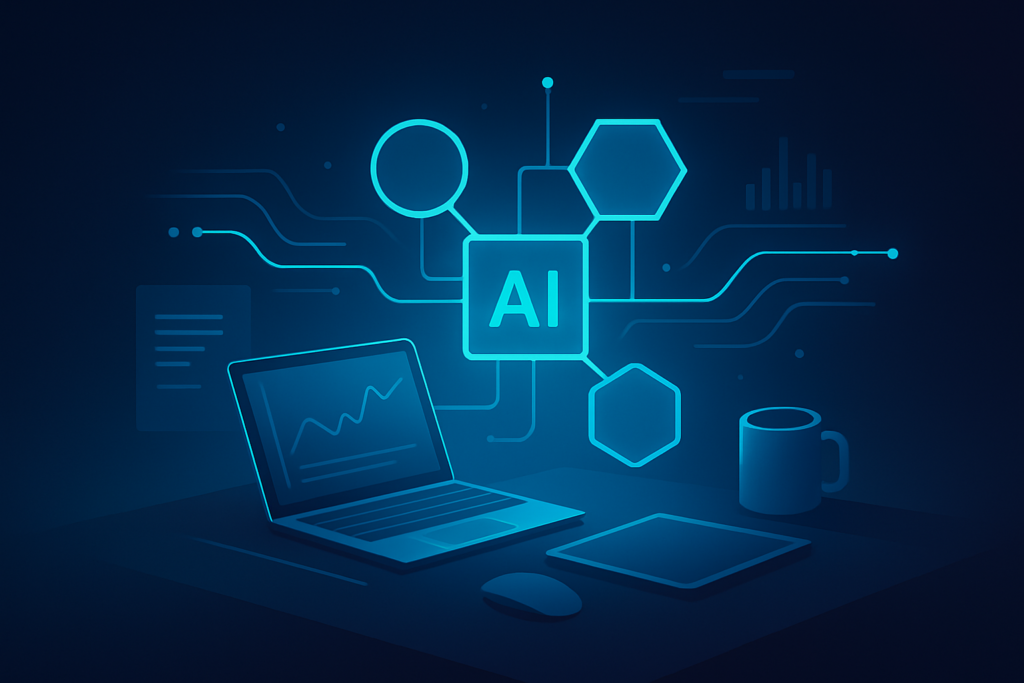 Futuristic workspace with glowing neon network and holographic data streams in dark blue and cyan.