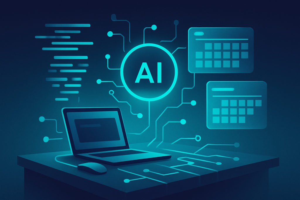 Futuristic workspace with holographic data streams, digital calendars, and AI core in dark neon tones.