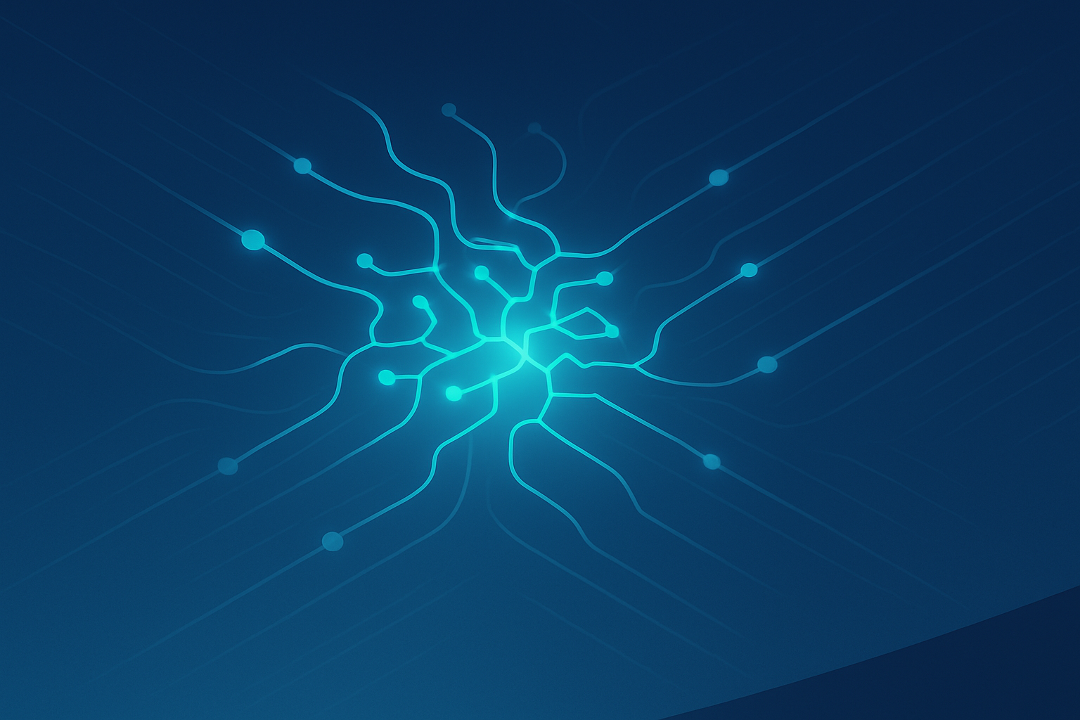 Glowing neural network with interconnected pathways symbolizing AI-driven market evolution and momentum.