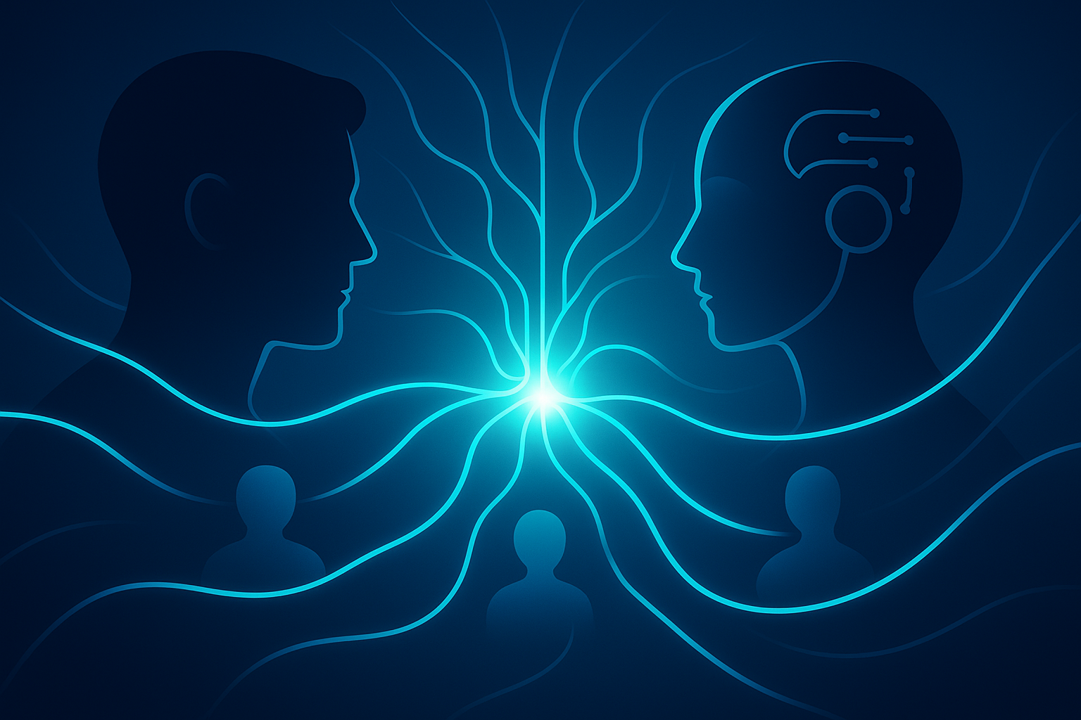 Glowing neural pathways connect stylized human silhouettes in a neon-lit tech-inspired background.