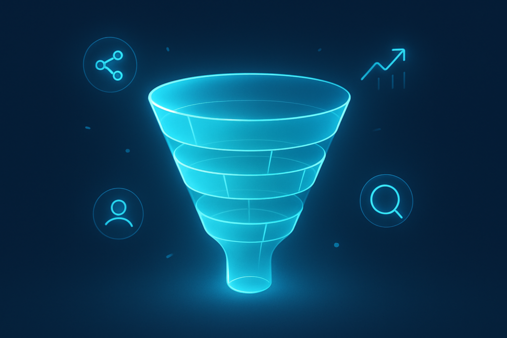 Modern abstract sales funnel with glowing cyan layers, geometric icons, and tech-inspired dark background.