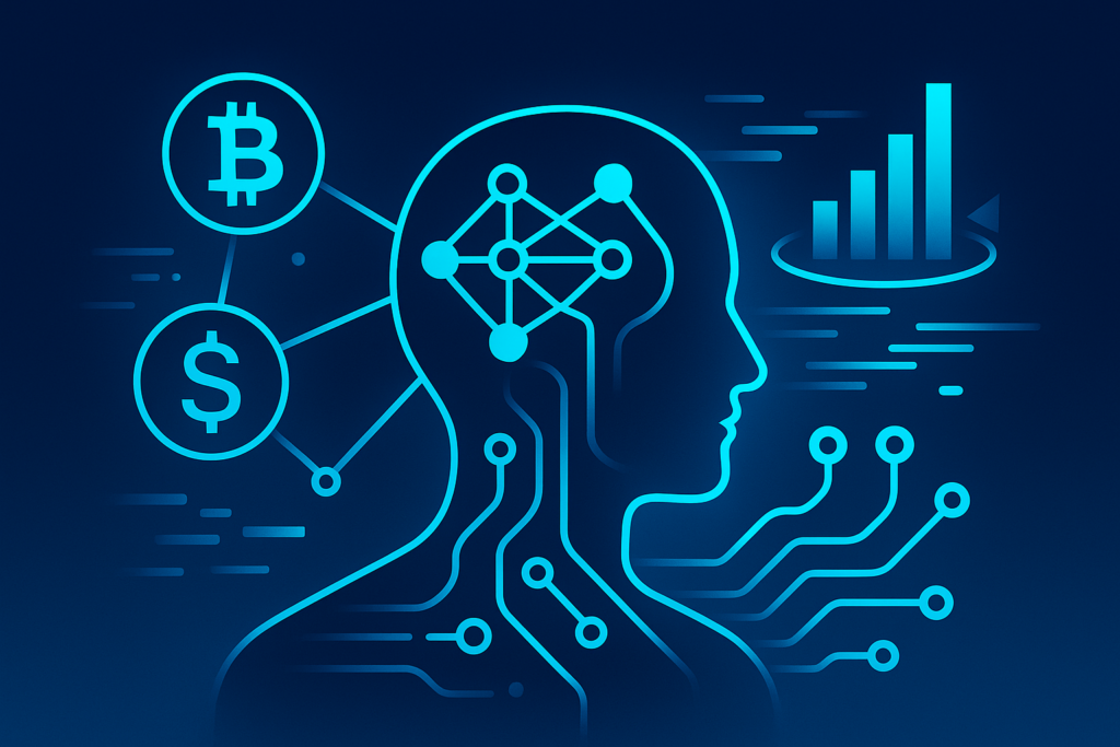 Modern dark gradient background with neon neural network nodes, digital currency symbols, and holographic financial charts.