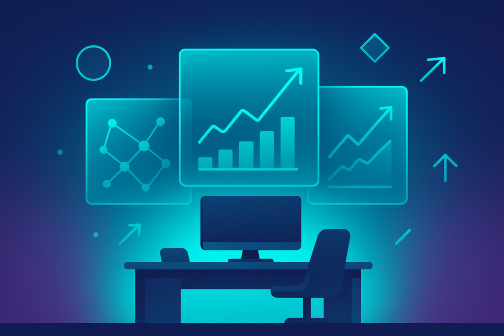 Modern digital command center with interconnected screens, growth graphs, and floating geometric shapes.