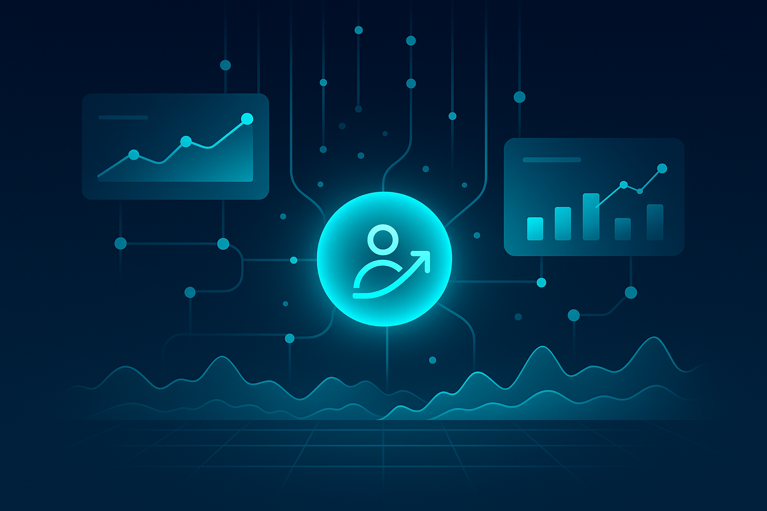 Modern digital dashboard with glowing cyan metrics, interconnected nodes, and layered graphs.