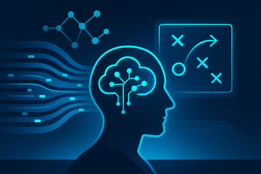Modern digital illustration of AI data streams, neural networks, and strategic pathways in cool dark tones.