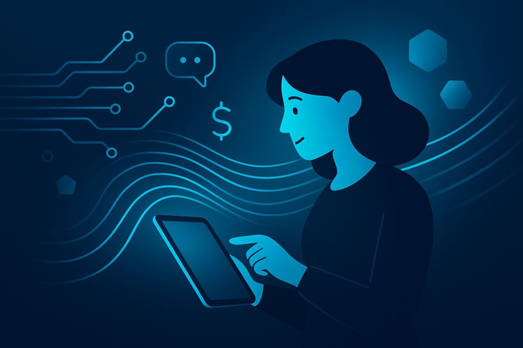 Modern digital illustration with circuit lines, geometric shapes, currency, and chat icons in dark blue and cyan.