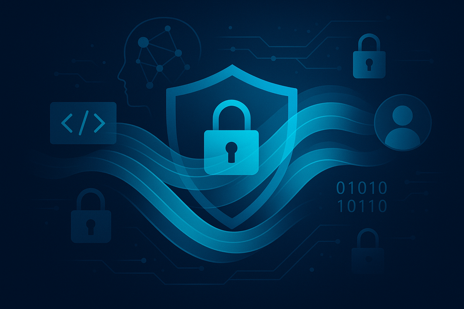 Modern digital security illustration with data streams, lock icons, shields, and connected nodes.