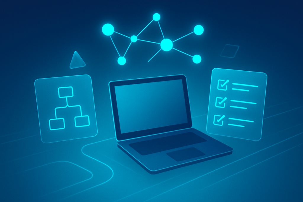 Modern digital workspace with glowing nodes, flowcharts, and geometric shapes in neon blue tones.