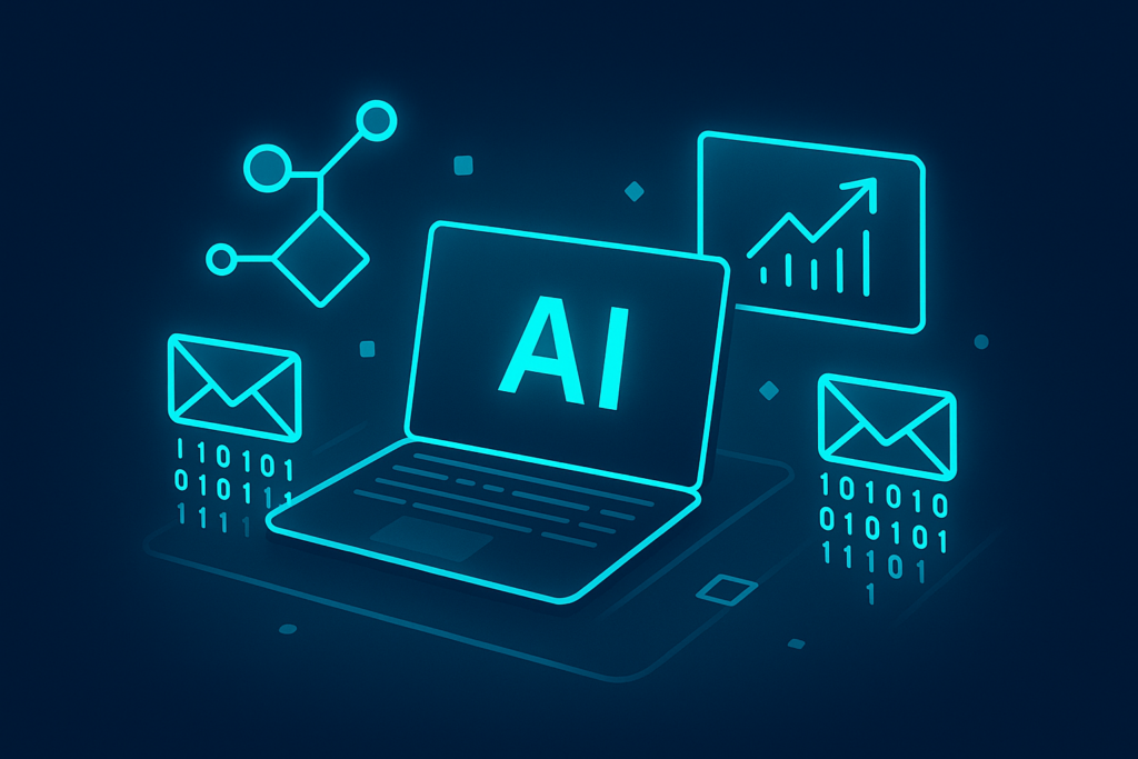 Modern digital workspace with interconnected AI nodes, binary streams, and upward growth arrows.