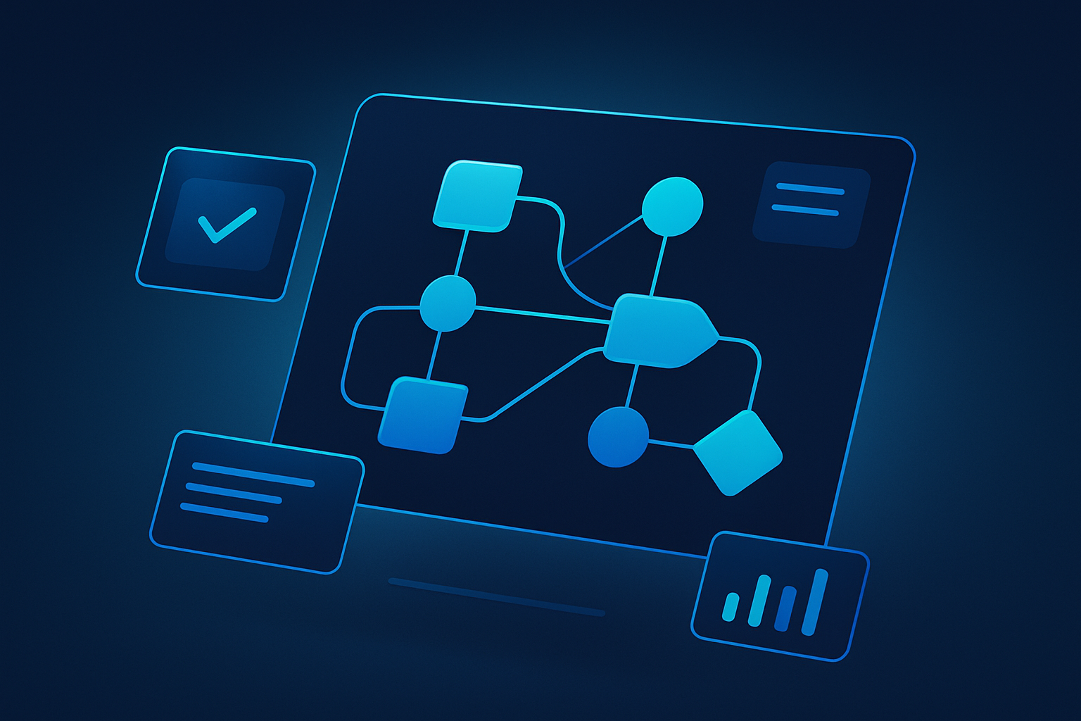 Modern digital workspace with interconnected shapes and glowing nodes on dark neon background.
