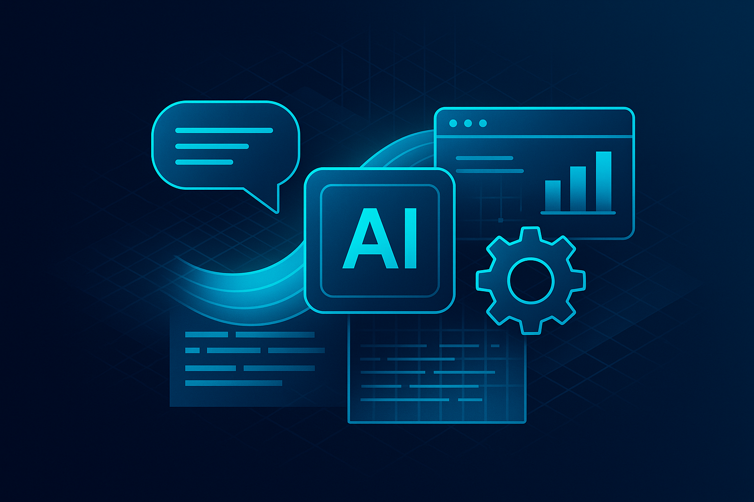 Modern flat illustration of geometric shapes, data streams, and text snippets in neon cyan on dark blue background.