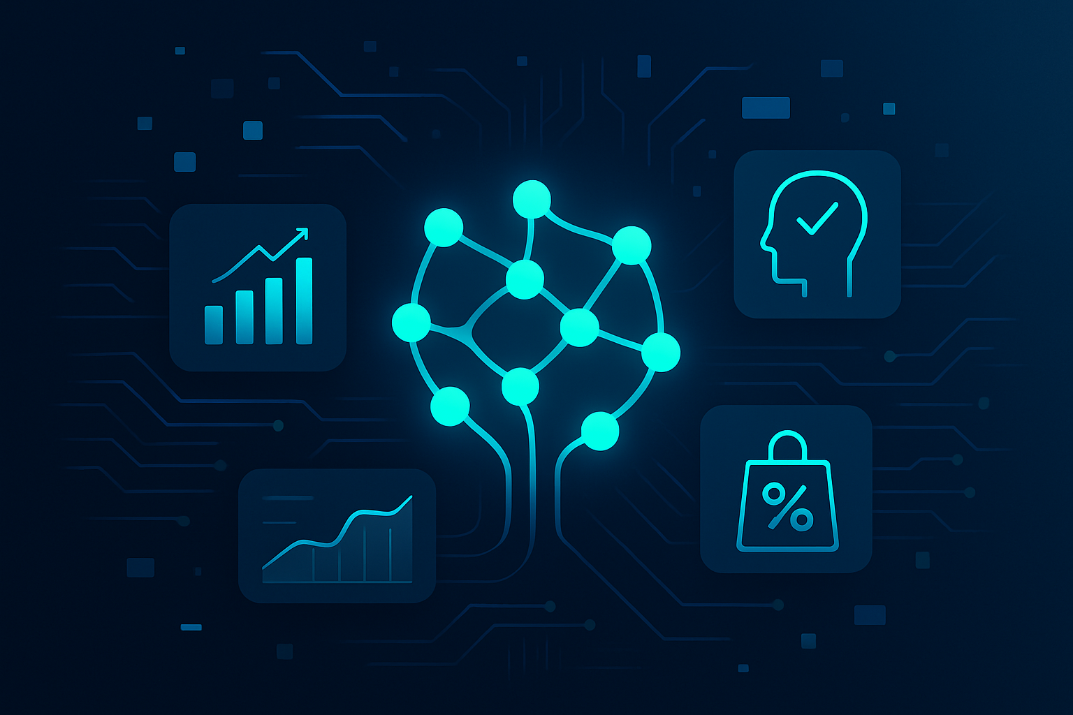 Modern flat illustration of glowing neural nodes, geometric lines, and digital fragments on dark blue background.