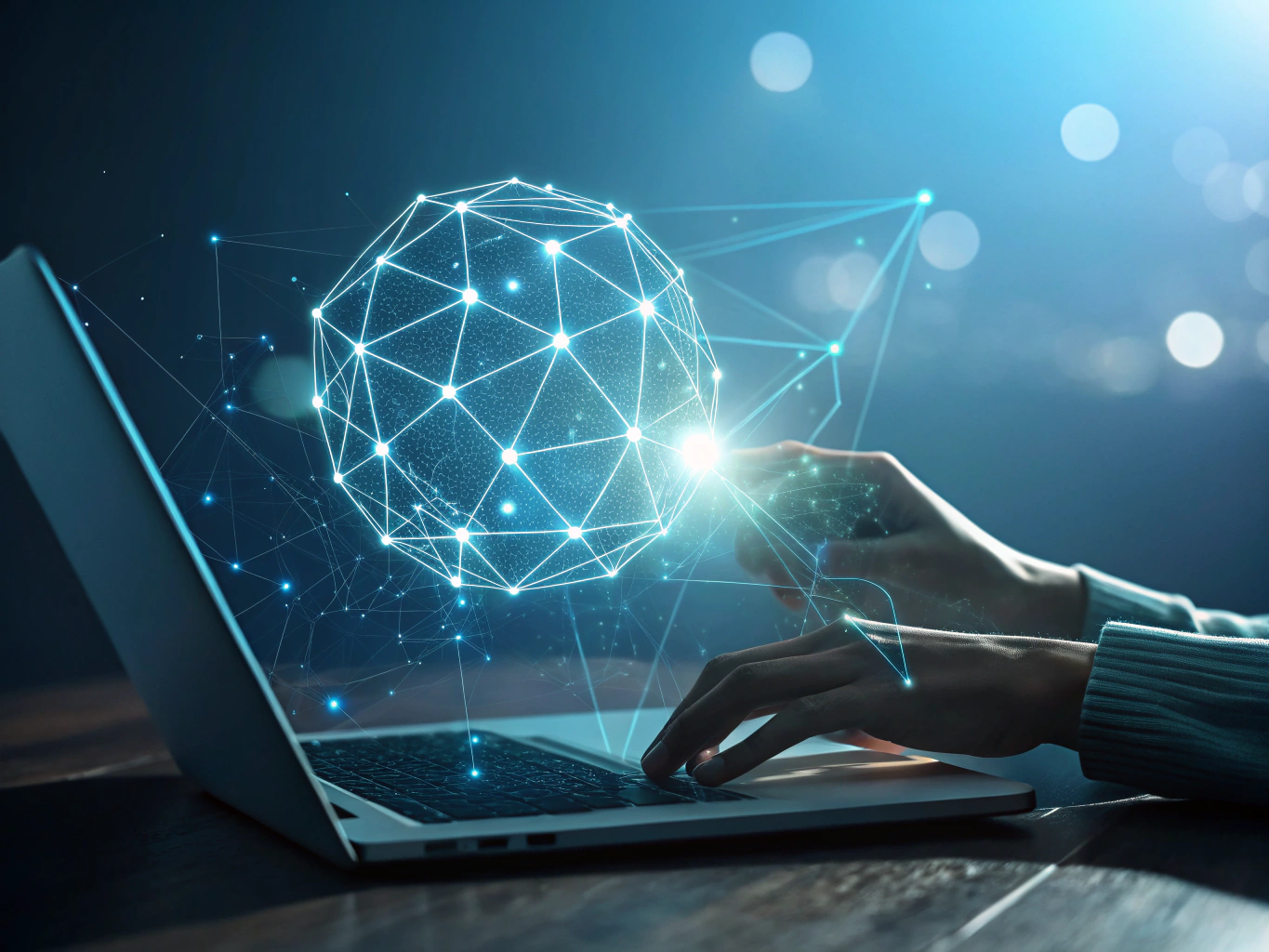 Modern flat illustration of human hands weaving glowing threads and data nodes converging toward a luminous core.