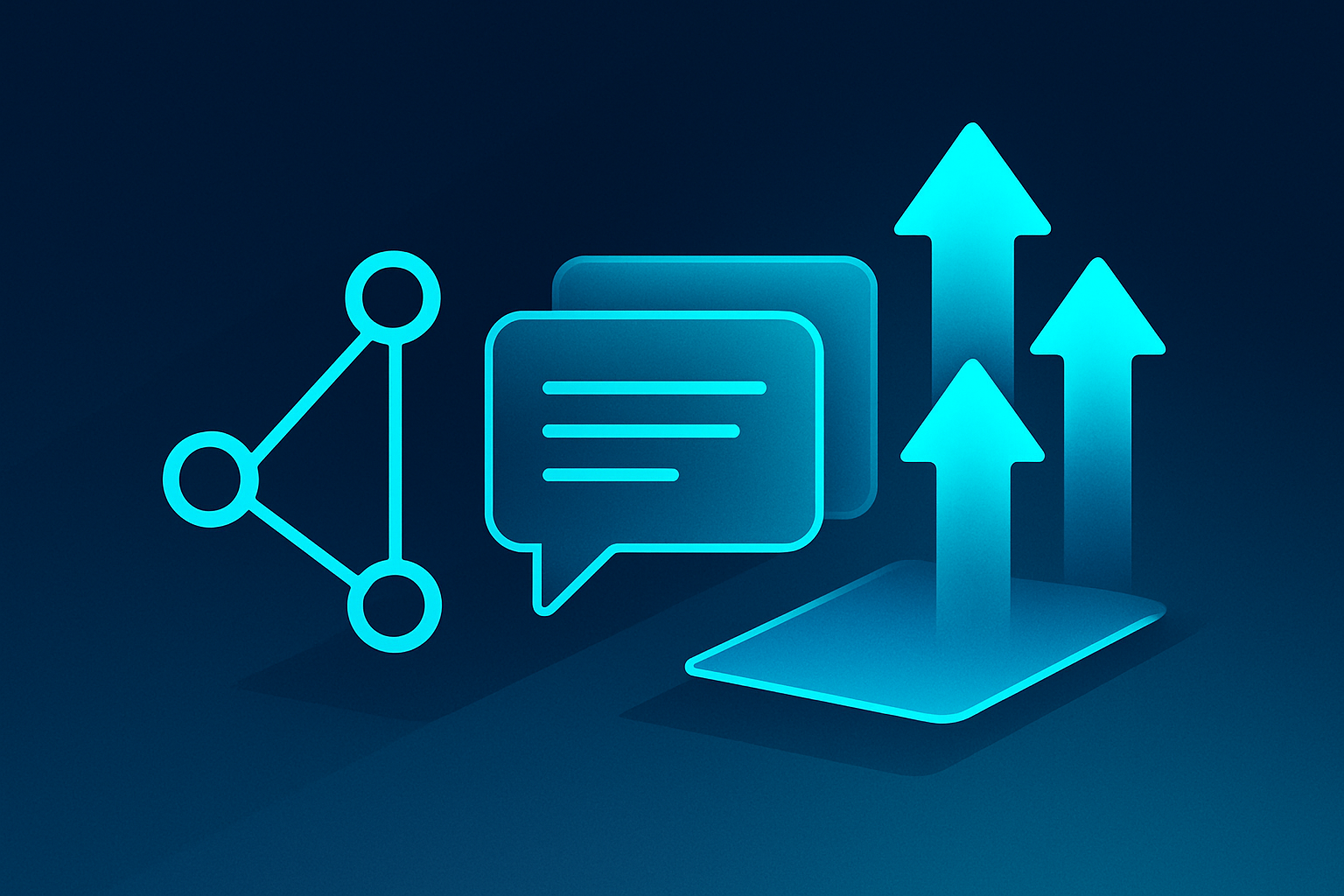 Modern flat illustration with geometric shapes, arrows, and neon glow on dark blue gradient background.