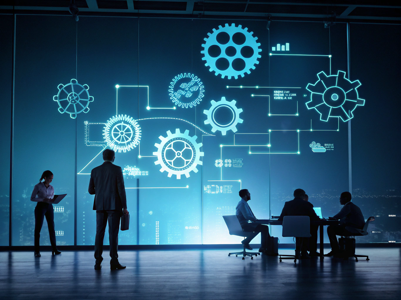 Modern geometric shapes, team figures, and arrows representing strategic planning and growth.
