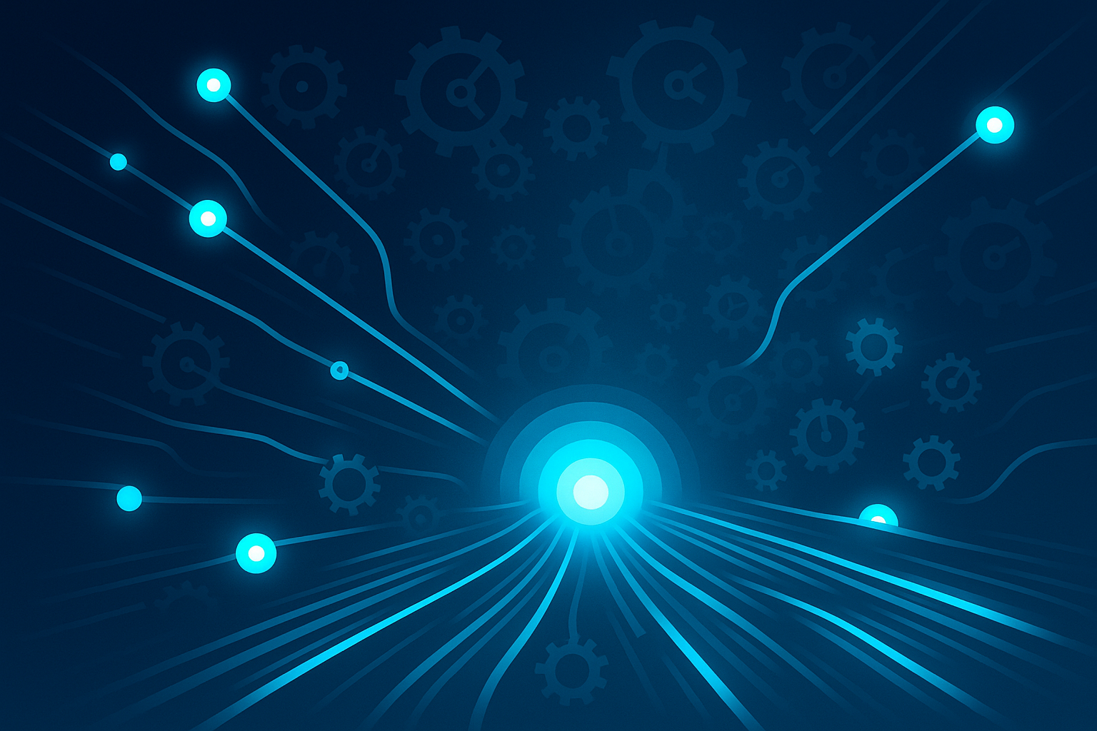 Modern illustration of interconnected glowing nodes, data streams, gears, and a pulsating core.