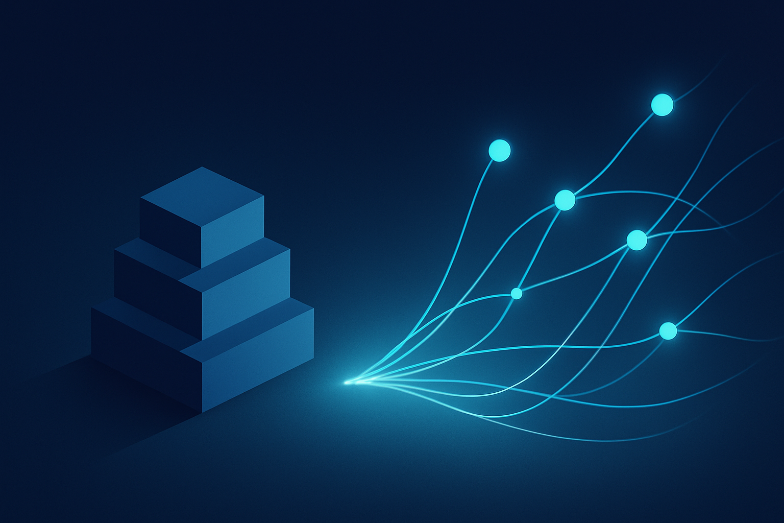 Modern illustration of traditional geometric blocks versus glowing AI network with cyan lines and nodes.