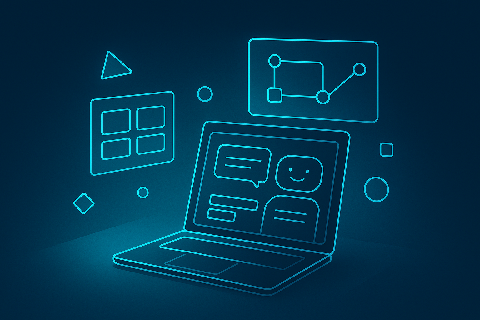 Modern neon-lit workspace with wireframes, nodes, and geometric shapes representing chatbot design.