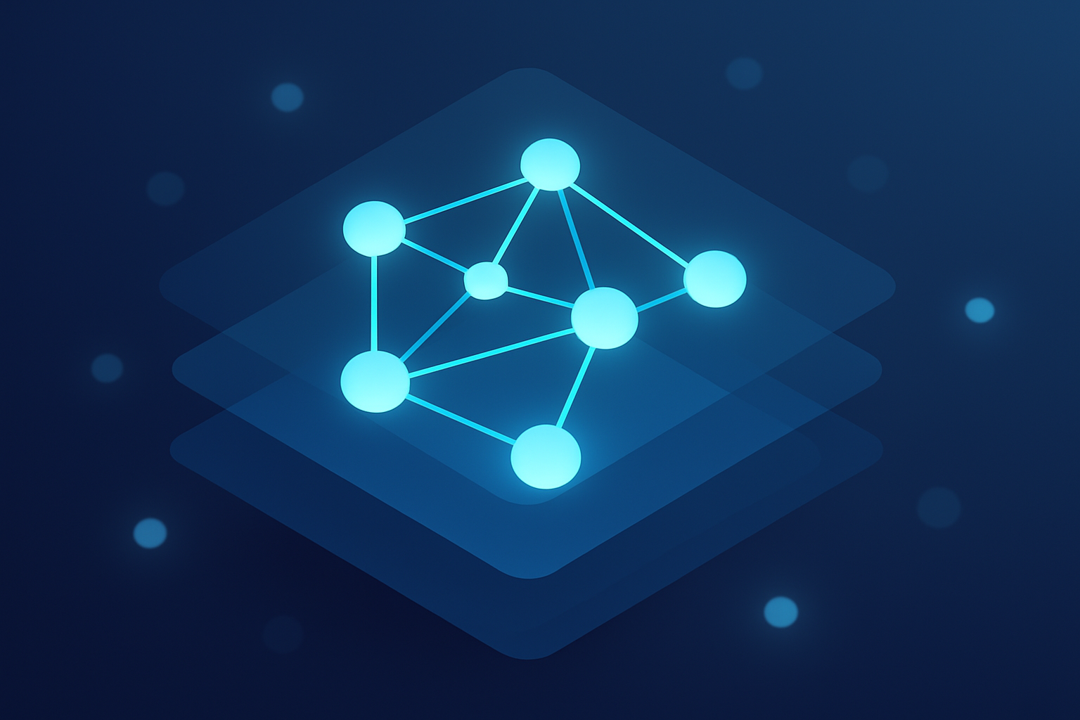 Modern network of glowing cyan nodes connected by luminous lines on a dark blue background.