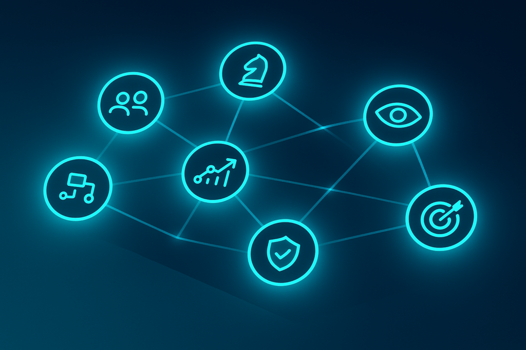 Seven glowing cyan nodes interconnected by shimmering lines in a high-tech digital constellation.