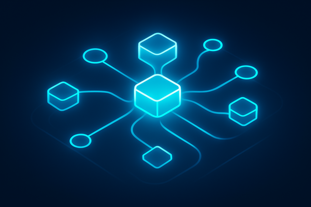 Seven glowing interconnected geometric nodes with pulsating lines over a dark neon-lit digital network background.