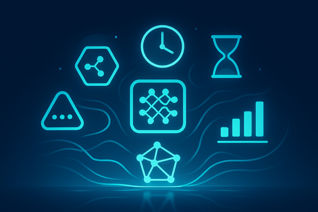 Seven glowing interconnected geometric shapes with data streams, clock and hourglass symbols.