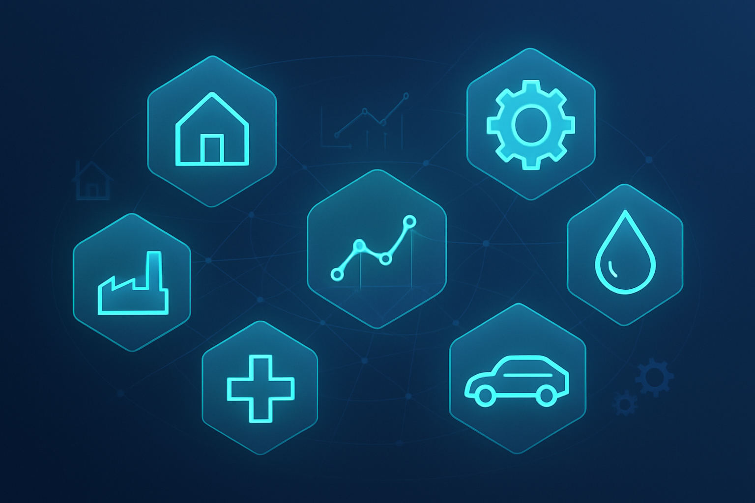 Seven glowing interconnected geometric shapes with icons, digital network, and neon cyan accents.